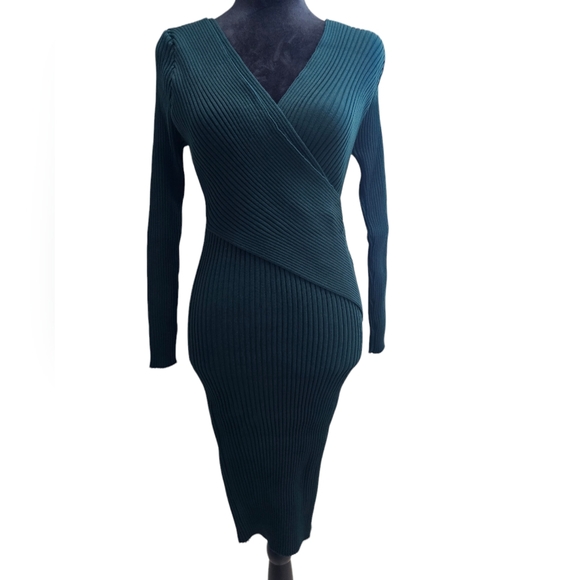 NWT Tam Ware Surplice Wrap Bodycon Knit Midi Dress Dark Green Medium - Picture 1 of 5